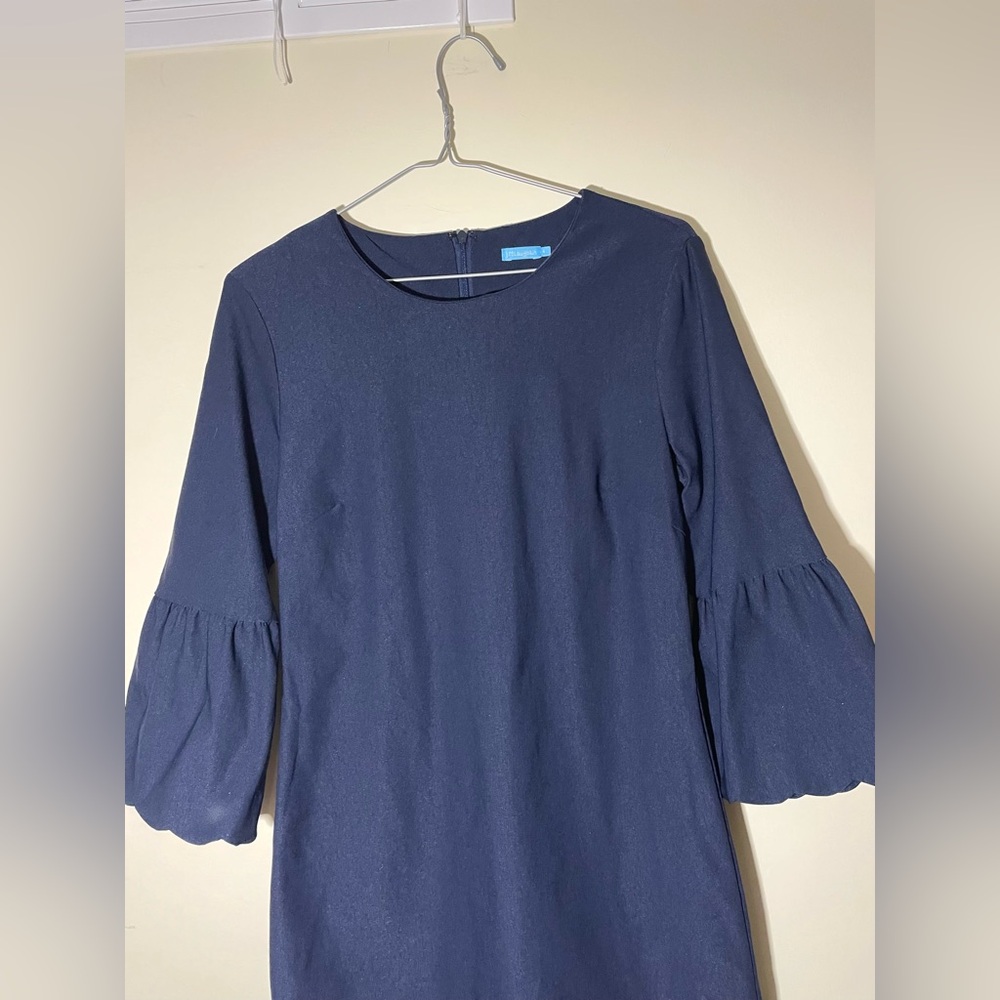 J.McLaughlin “Elle” Navy 3/4 Bell Sleeve Dress Scalloped Hem - Picture 6 of 11